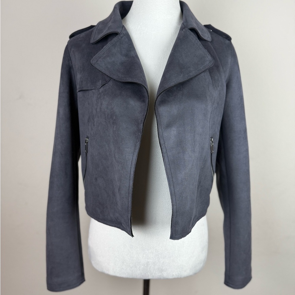 Anthropologie Women's Faux Suede Moto Jacket Gray Size S Zip Pockets - Picture 3 of 11